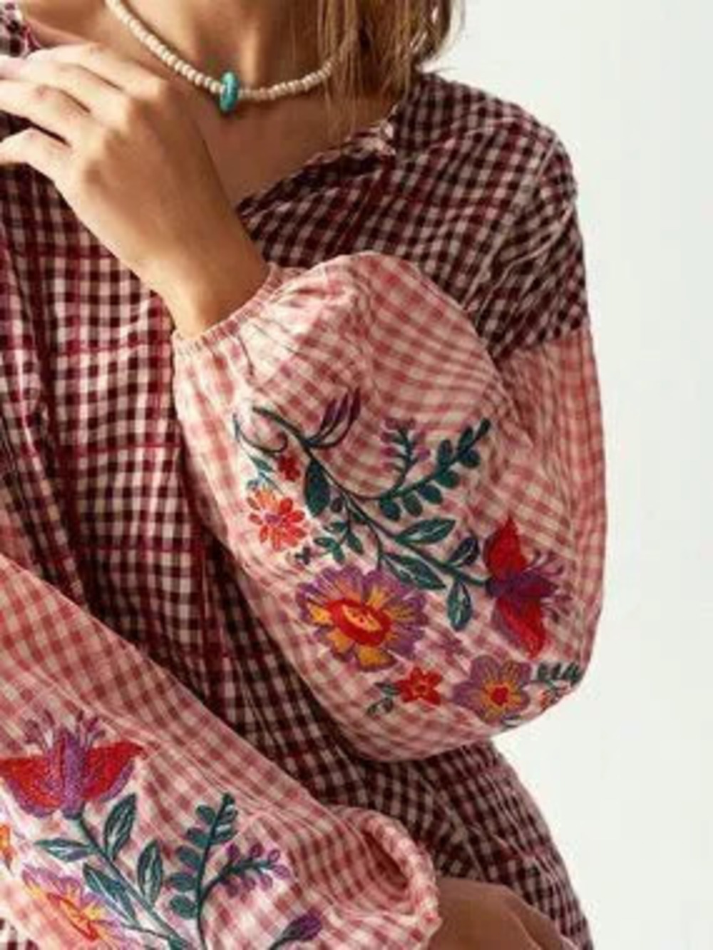 Pink Boho Women's Loose Fit Sheer Plaid Bishop Sleeve V-Neck Long Sleeve Blouse